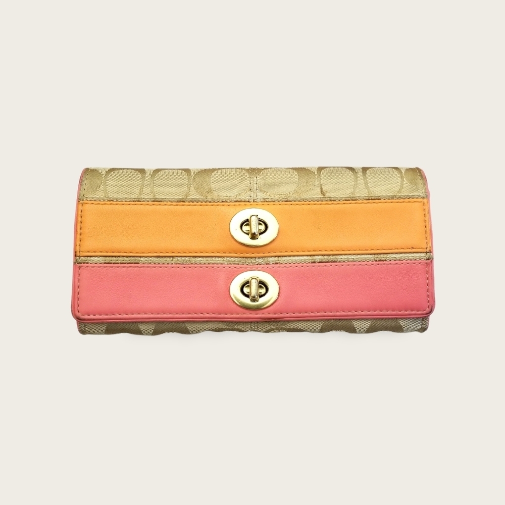 Authentic COACH LADIES CANVAS AND LEATHER TAN ORANGE & PINK SLIM ENVELOPE WALLET
